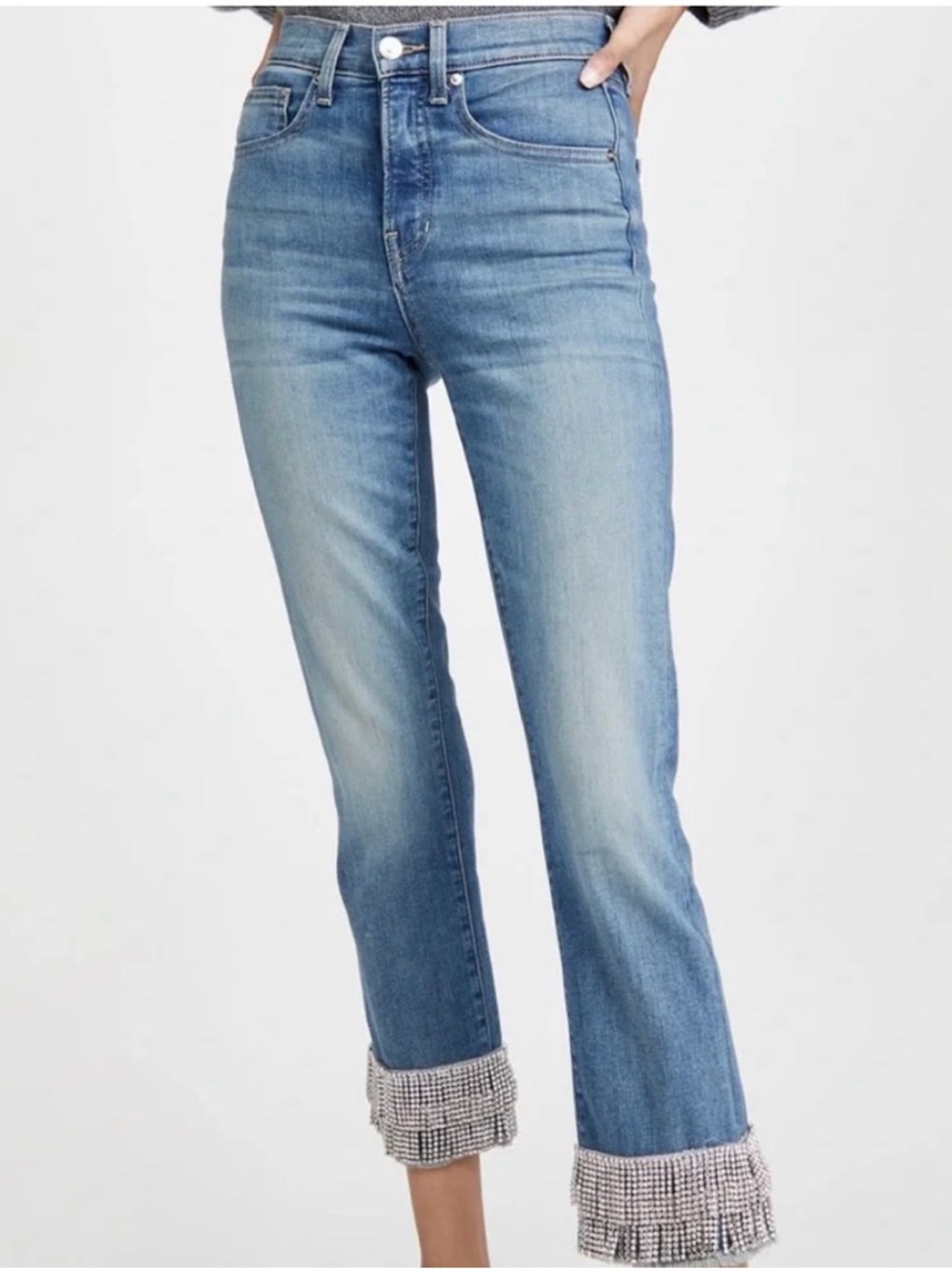 Veronica Beard Light Blue High-Rise Cropped Jeans with Beaded Fringe